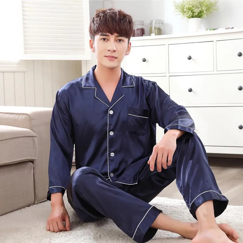 2019 New Autumn Sleepwear Male Pajama Set Soft Nightgown For Men Pyjamas Sleep Lounge Big Size M-3XL Satin Silk Pajamas Long Men