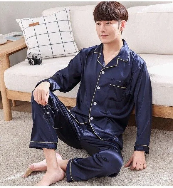 2019 New Autumn Sleepwear Male Pajama Set Soft Nightgown For Men Pyjamas Sleep Lounge Big Size M-3XL Satin Silk Pajamas Long Men