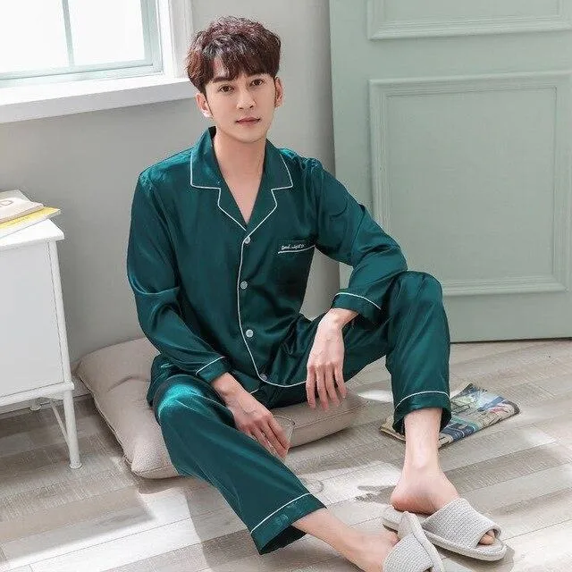 2019 New Autumn Sleepwear Male Pajama Set Soft Nightgown For Men Pyjamas Sleep Lounge Big Size M-3XL Satin Silk Pajamas Long Men