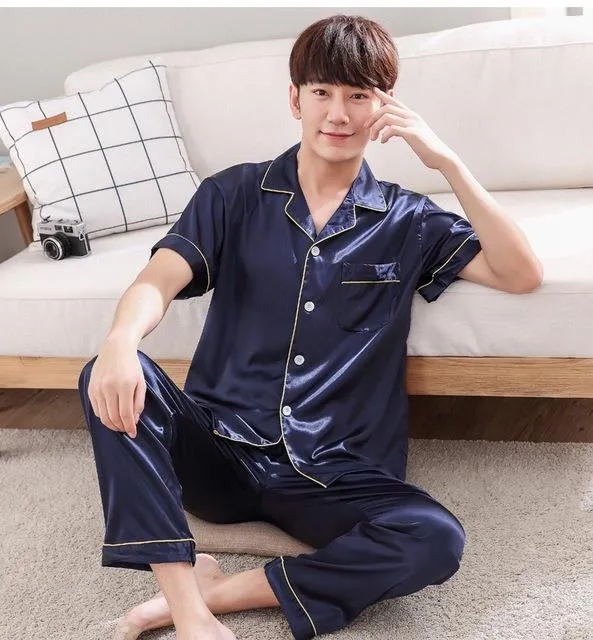 2019 New Autumn Sleepwear Male Pajama Set Soft Nightgown For Men Pyjamas Sleep Lounge Big Size M-3XL Satin Silk Pajamas Long Men