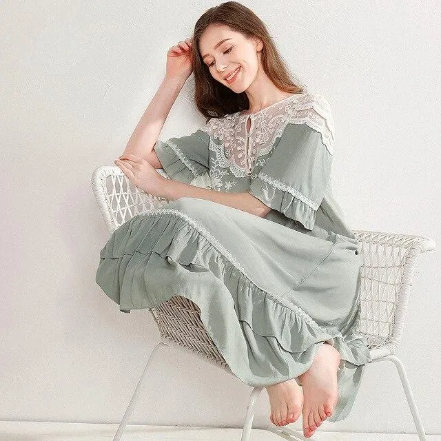 2019 Retro Lace Patchwork Summer Sleepwear Women Nightwear Home Wear Night Dress Vintage Half Sleeve Long Cotton Nightgown T457