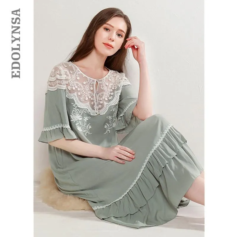 2019 Retro Lace Patchwork Summer Sleepwear Women Nightwear Home Wear Night Dress Vintage Half Sleeve Long Cotton Nightgown T457