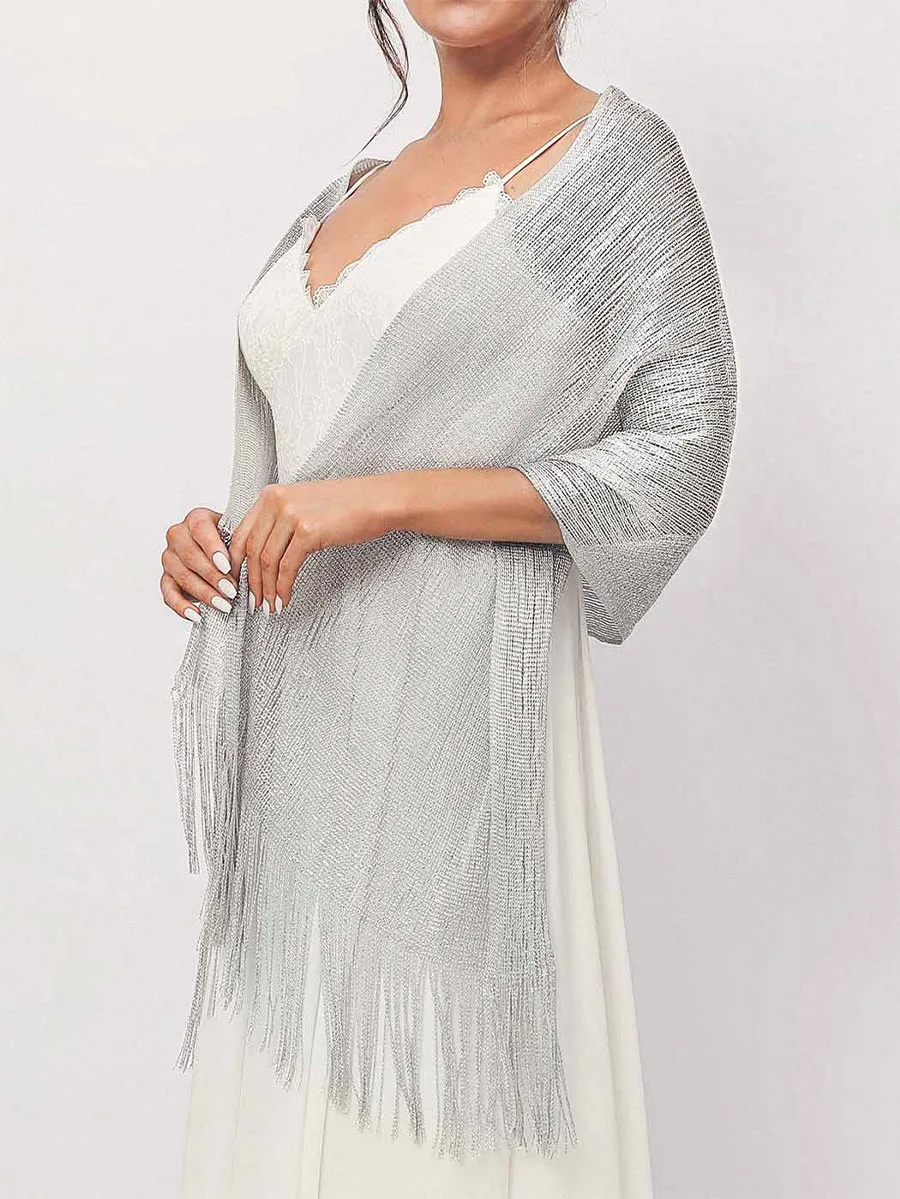2025 Women Grey Fringe Glitter Metallic Long Shawls and Wraps