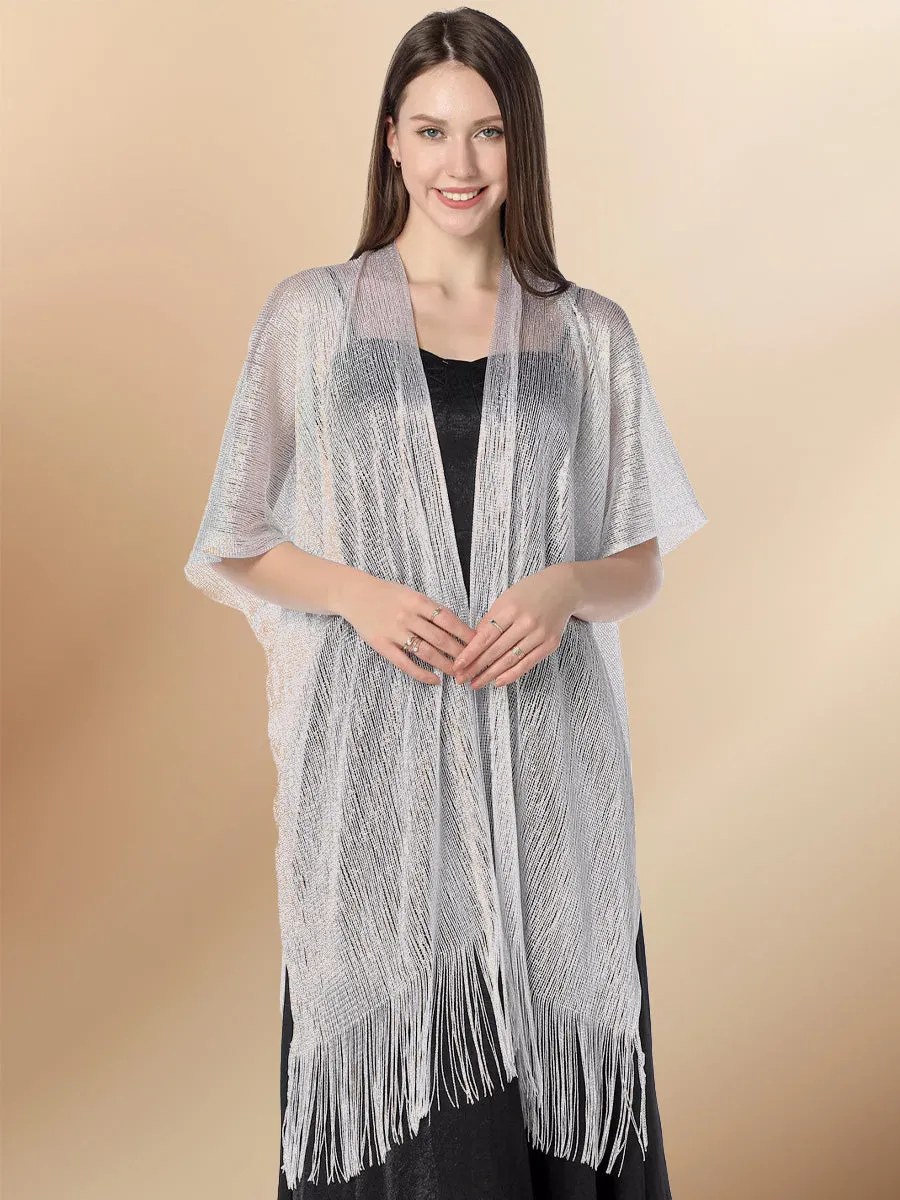 2025 Women Grey Fringe Glitter Metallic Long Shawls and Wraps