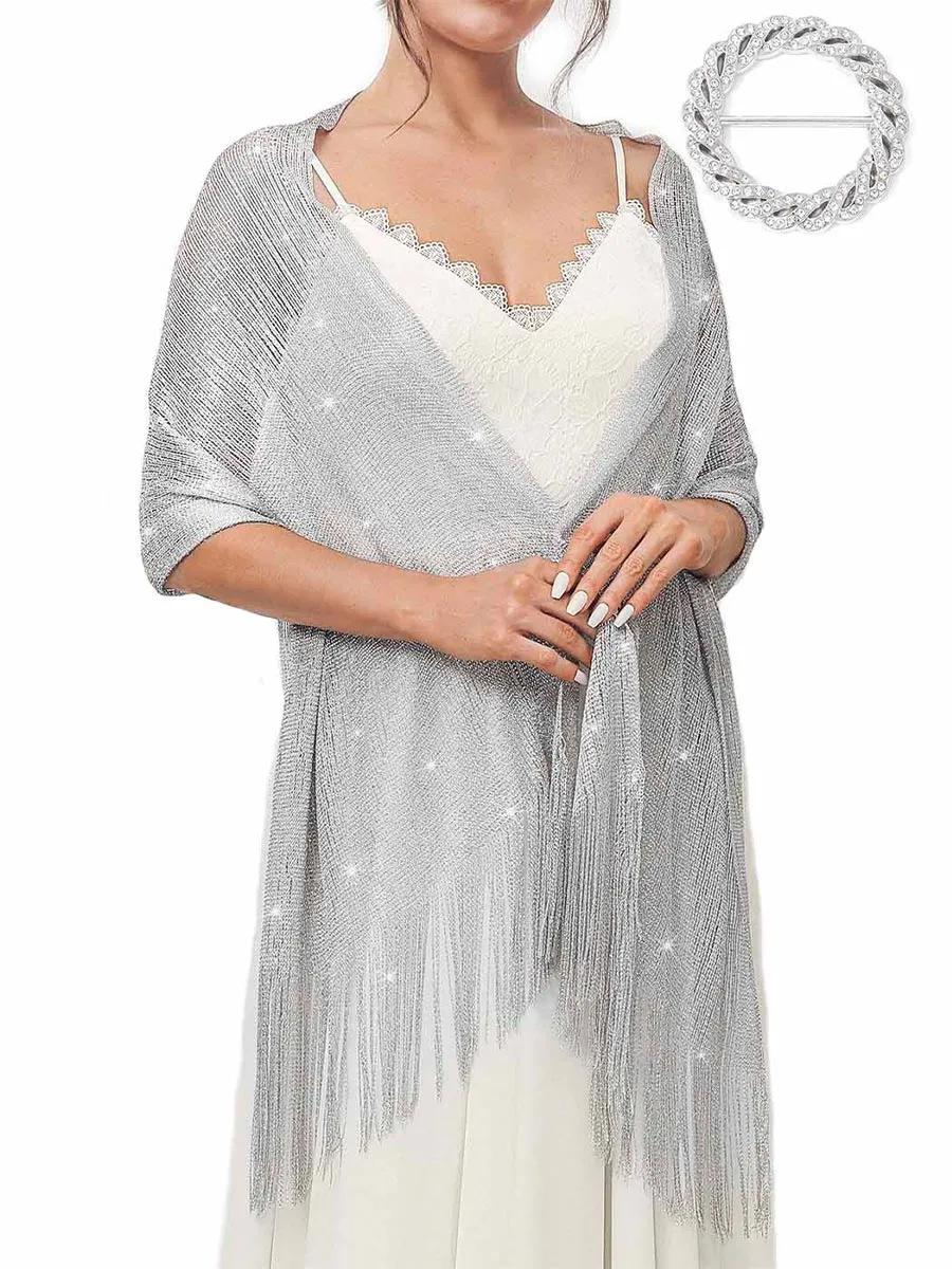 2025 Women Grey Fringe Glitter Metallic Long Shawls and Wraps