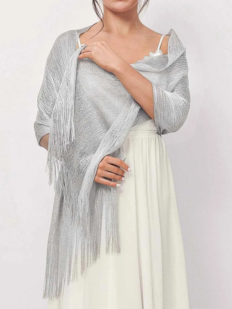 2025 Women Grey Fringe Glitter Metallic Long Shawls and Wraps