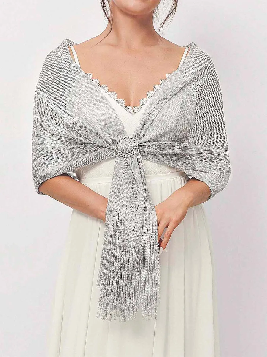 2025 Women Grey Fringe Glitter Metallic Long Shawls and Wraps
