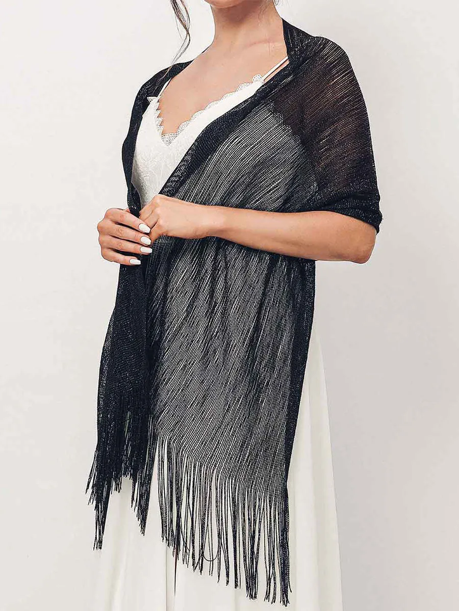 2025 Women's Black Glitter Metallic Fringe Shawl Scarf