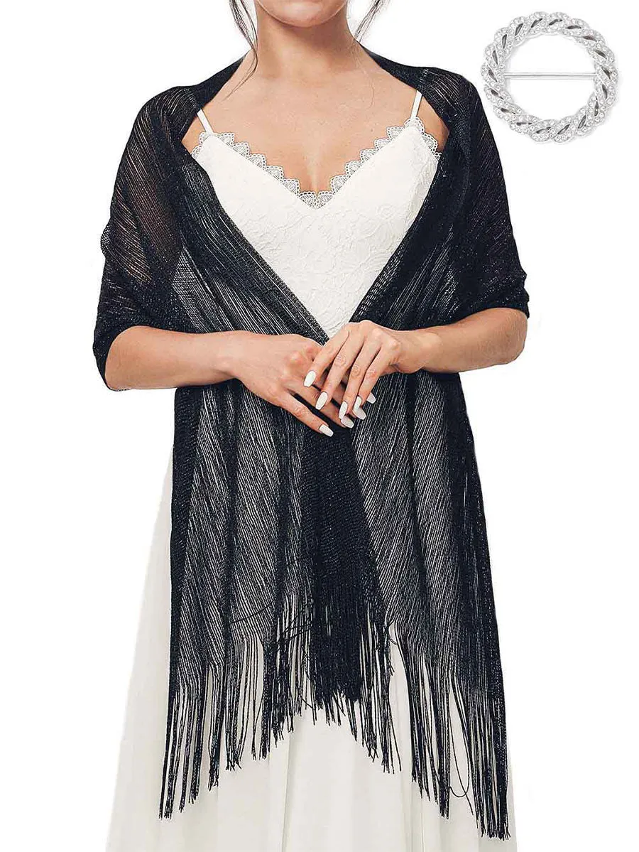 2025 Women's Black Glitter Metallic Fringe Shawl Scarf