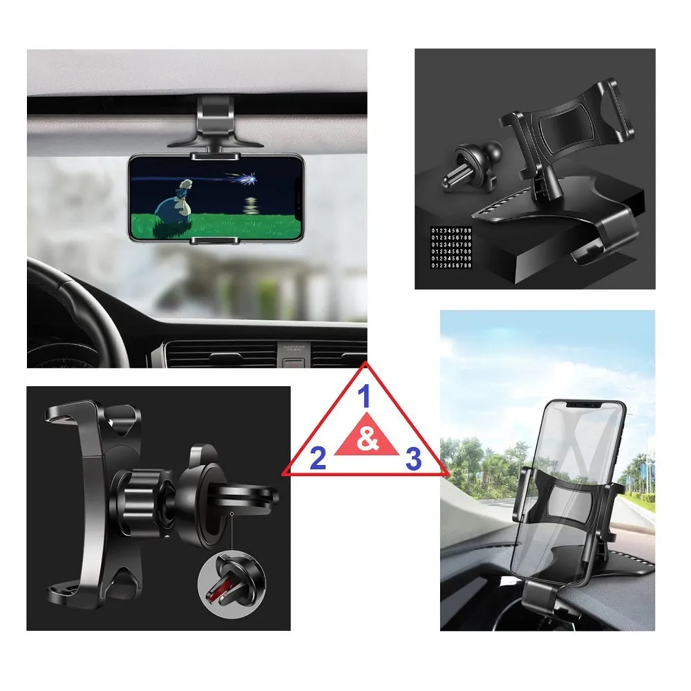 3 in 1 Car GPS Smartphone Holder: Dashboard / Visor Clamp   AC Grid Clip for Wiko Sunny 4 Plus (2019) - Black