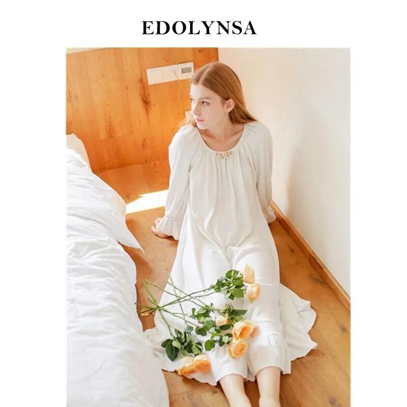 Autumn White Sexy Long Sleeve Sleep Lounge Sleepwear Female Home Dress Lace Princess Vintage Nightgown Women Sleeping Dress #L19