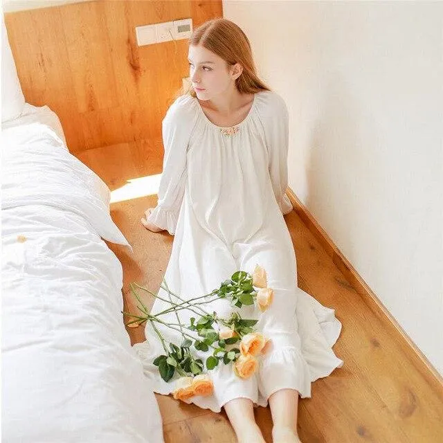 Autumn White Sexy Long Sleeve Sleep Lounge Sleepwear Female Home Dress Lace Princess Vintage Nightgown Women Sleeping Dress #L19