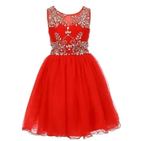 Big Girls Red Tulle AB Stone Wired Flower Girl Dress 8-16