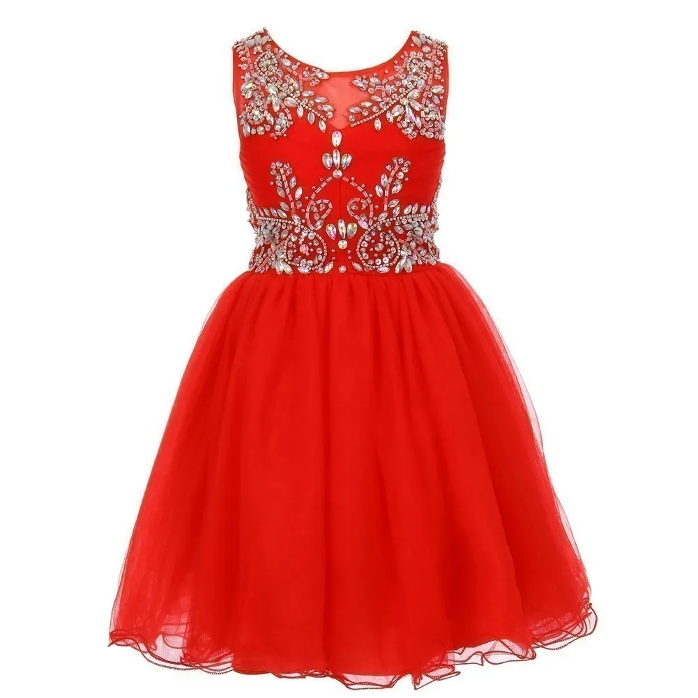 Big Girls Red Tulle AB Stone Wired Flower Girl Dress 8-16