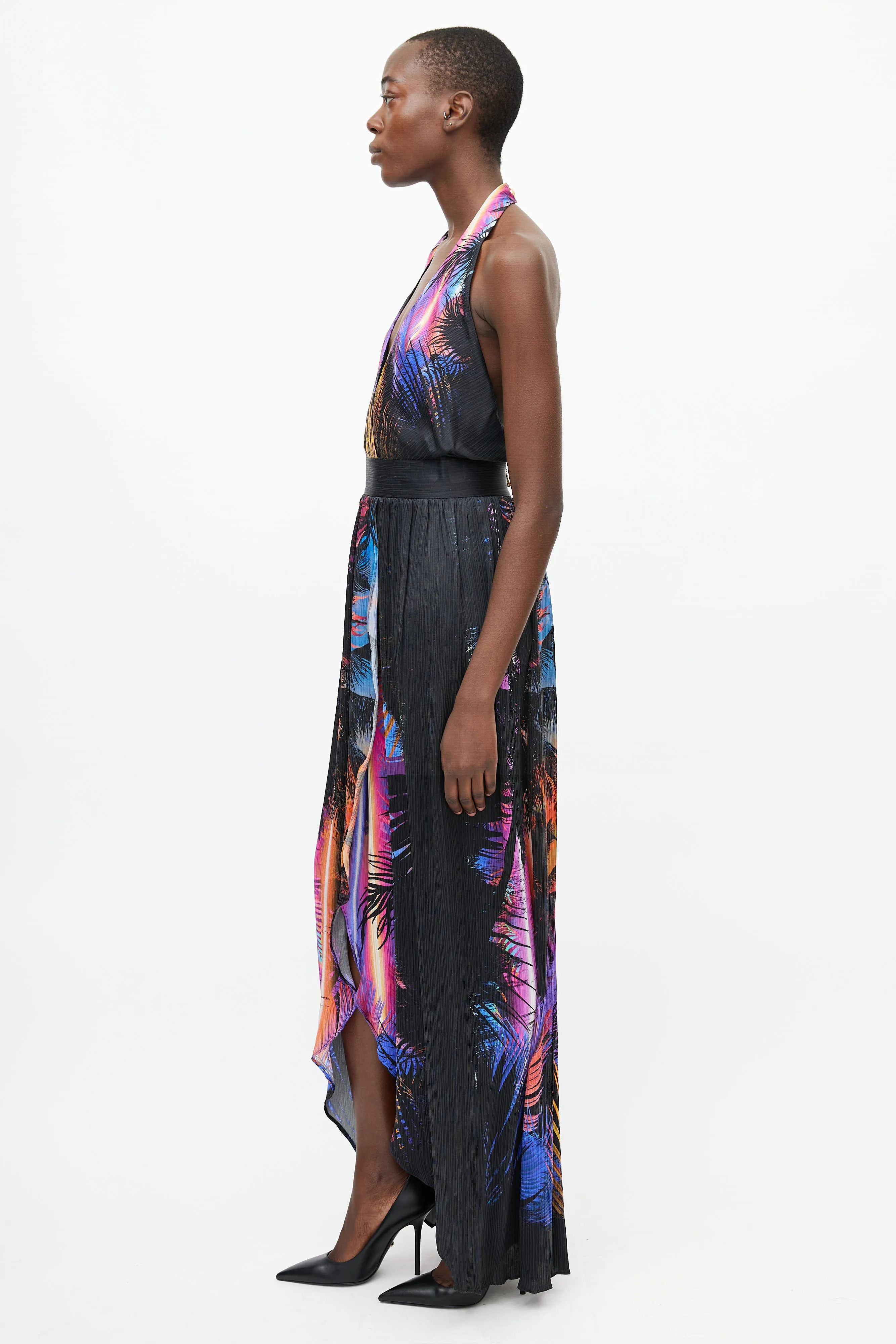 Black & Multicolour Floral Print Halter Dress