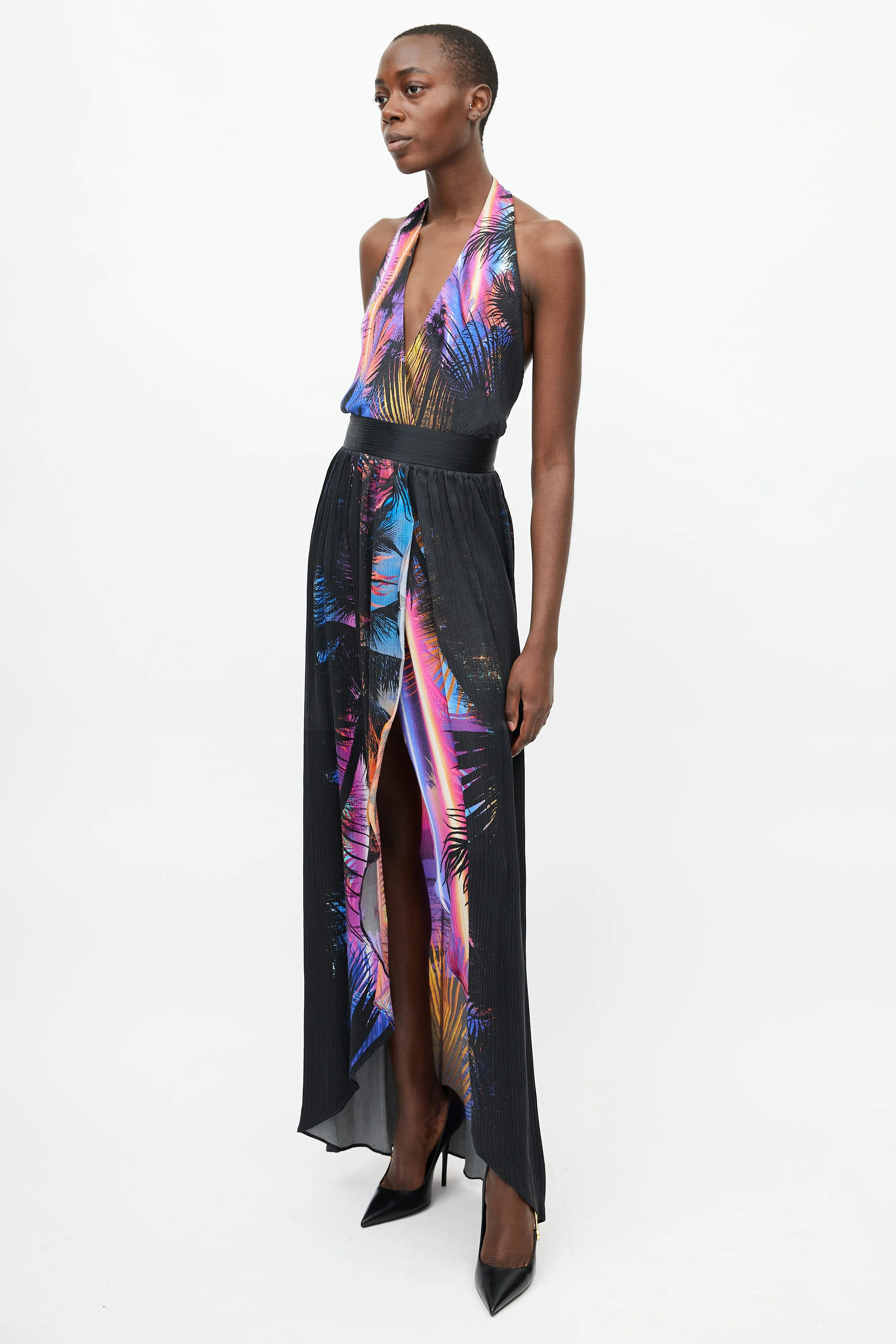 Black & Multicolour Floral Print Halter Dress