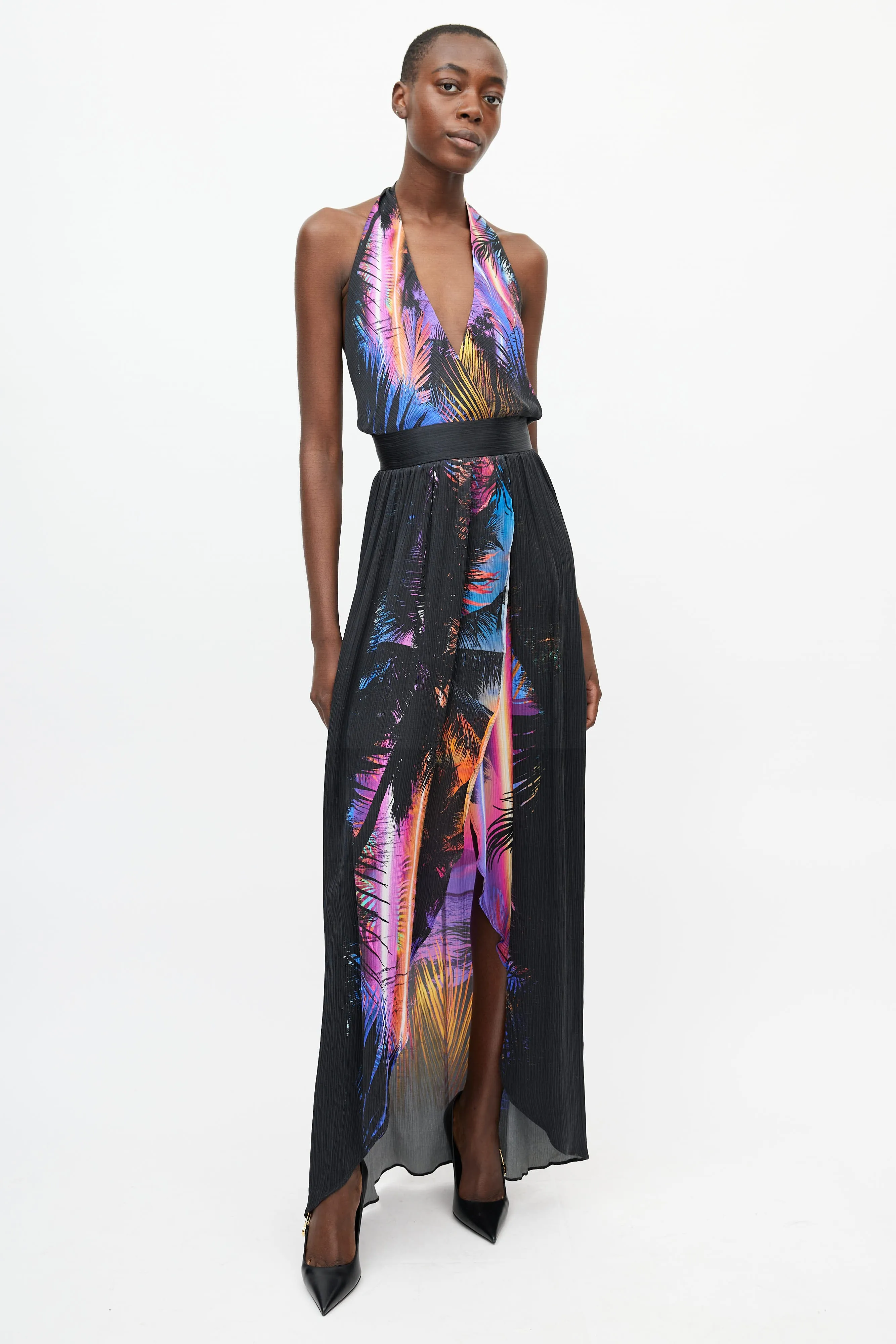 Black & Multicolour Floral Print Halter Dress