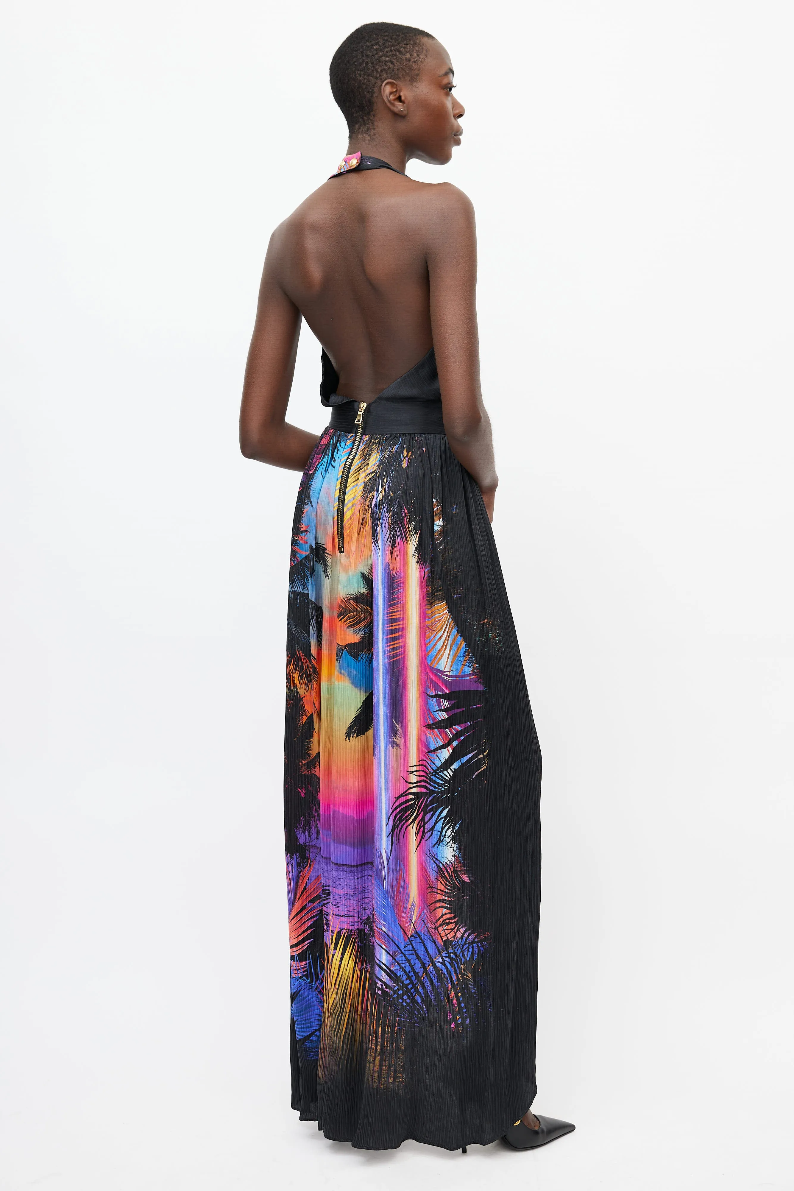 Black & Multicolour Floral Print Halter Dress