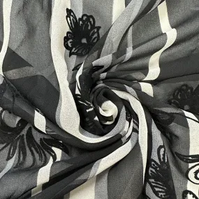 Black Flocked Floral Burnout Stripe Print High Crepe Fabric