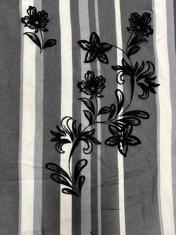Black Flocked Floral Burnout Stripe Print High Crepe Fabric