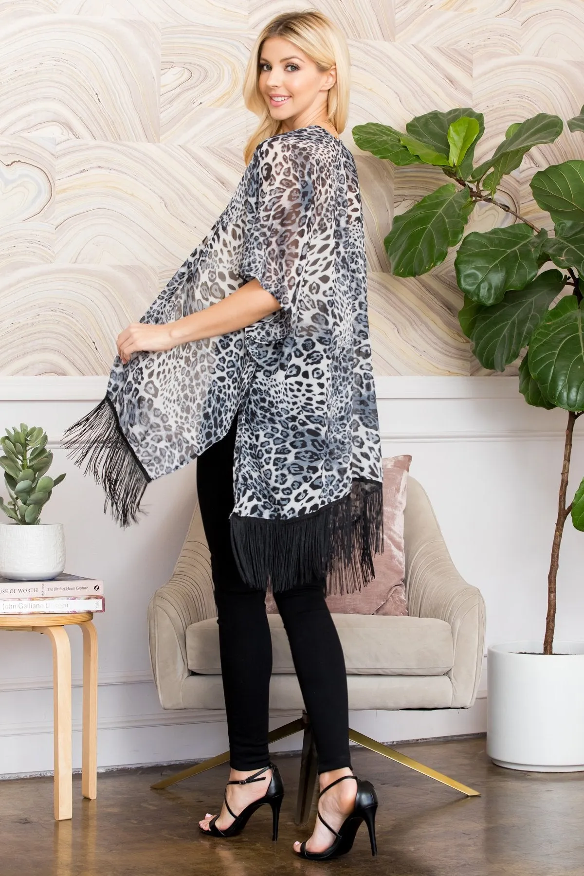 Black Leopard Fringe Kimono