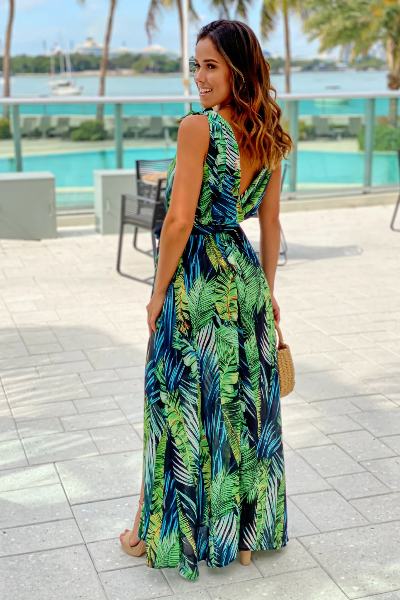 Black Tropical Maxi Dress With Tie