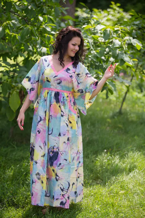 Blue Pink Breezy Bohemian Style Caftan in Flamingo Watercolor Pattern