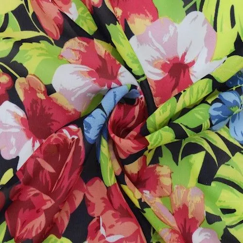 Blue/Green/Multi Tropical Floral Printed Chiffon Fabric