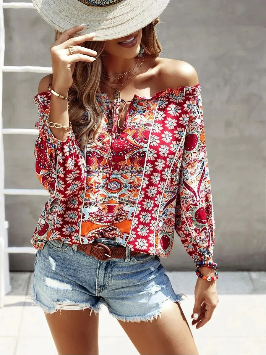 Bohemian Floral Print Off-Shoulder Blouse