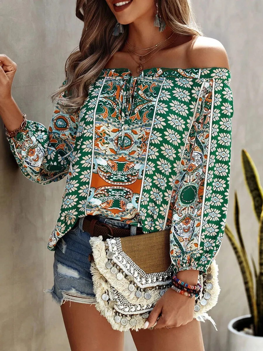 Bohemian Floral Print Off-Shoulder Blouse