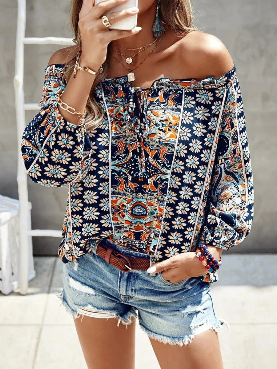 Bohemian Floral Print Off-Shoulder Blouse
