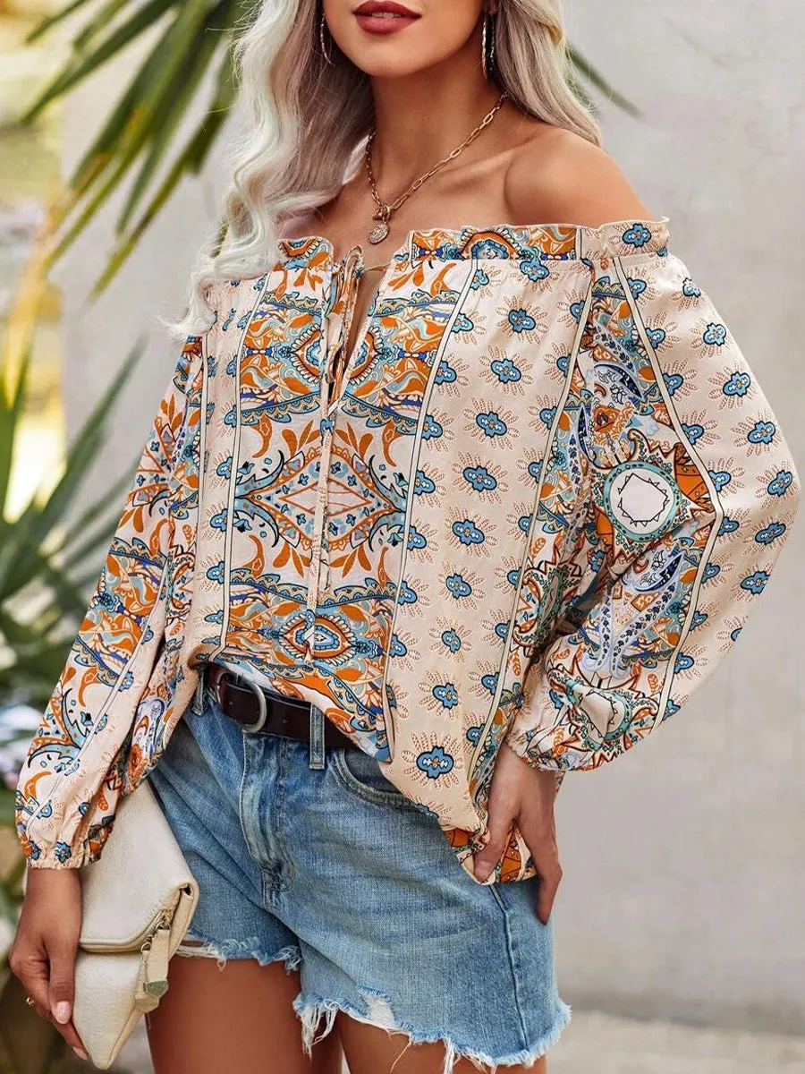 Bohemian Floral Print Off-Shoulder Blouse