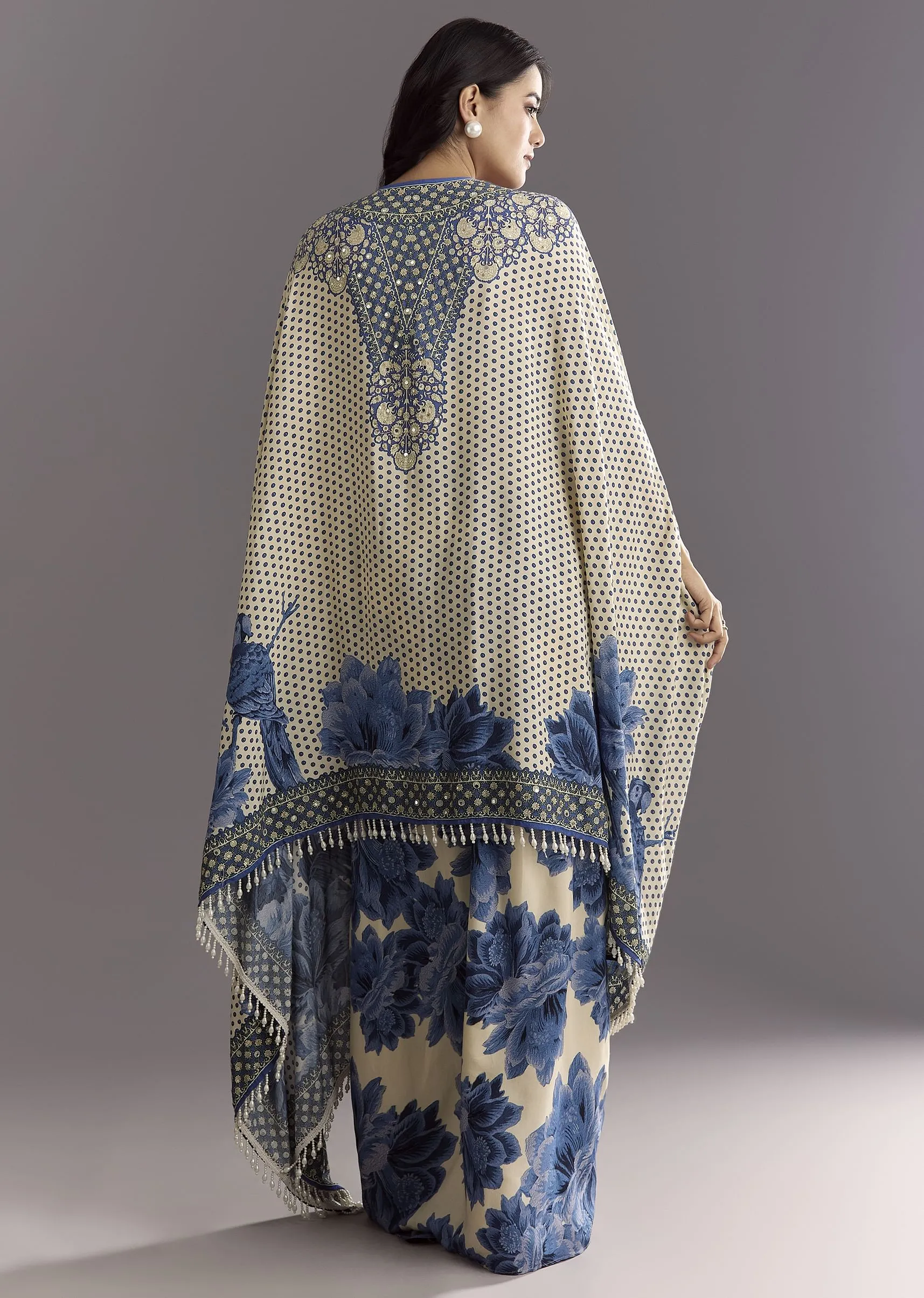 Cream Blue Floral Printed Croptop Skirt With Tassel Bordered Cape