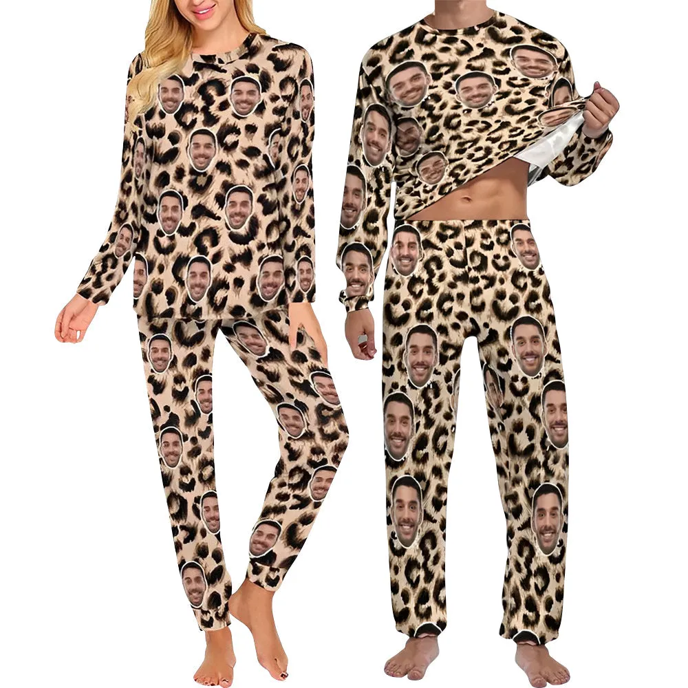 Custom Face Leopard Couple Pajamas Personalized Sleepwear