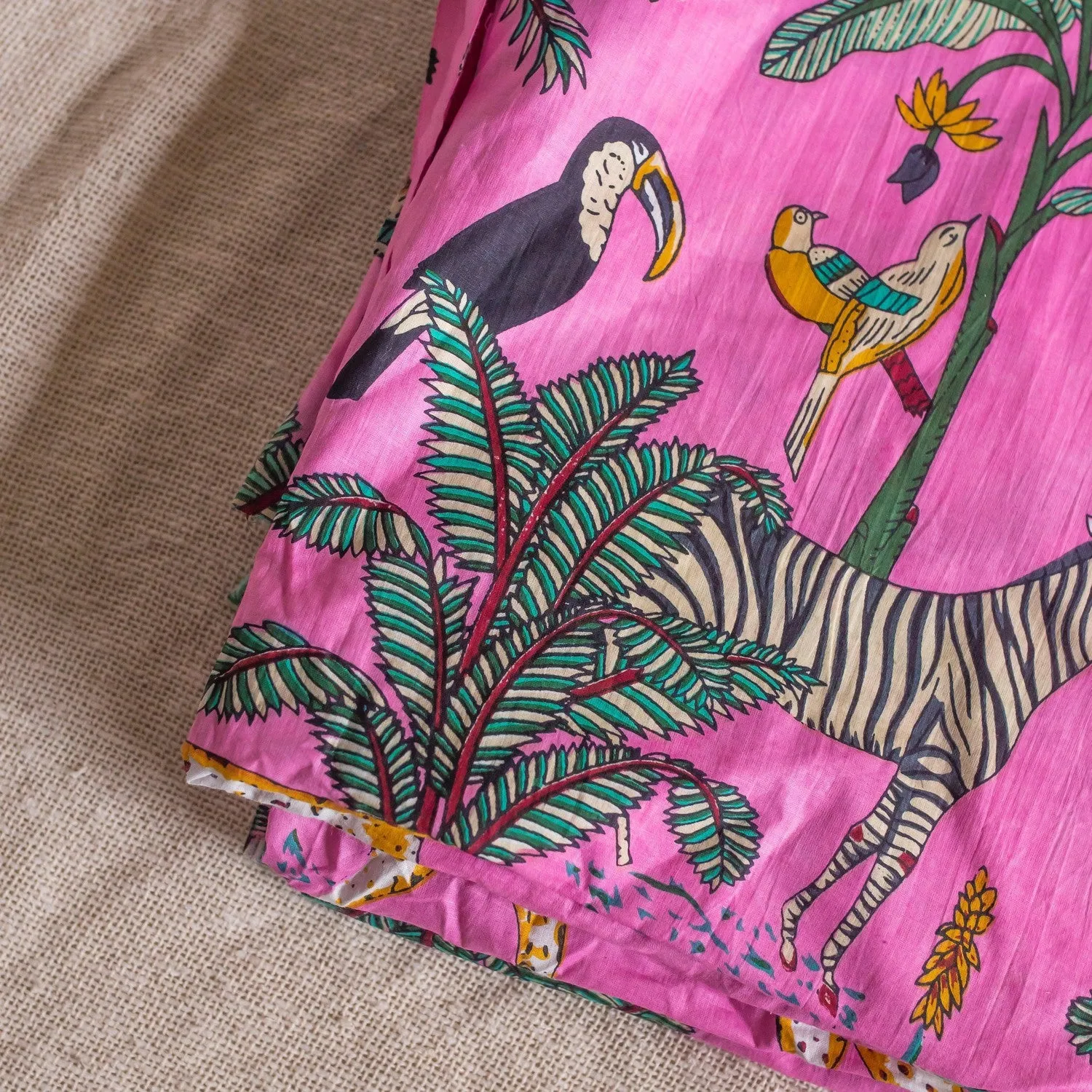 Dark Pink Tropical Safari Hand Screenprinted Cotton Fabric