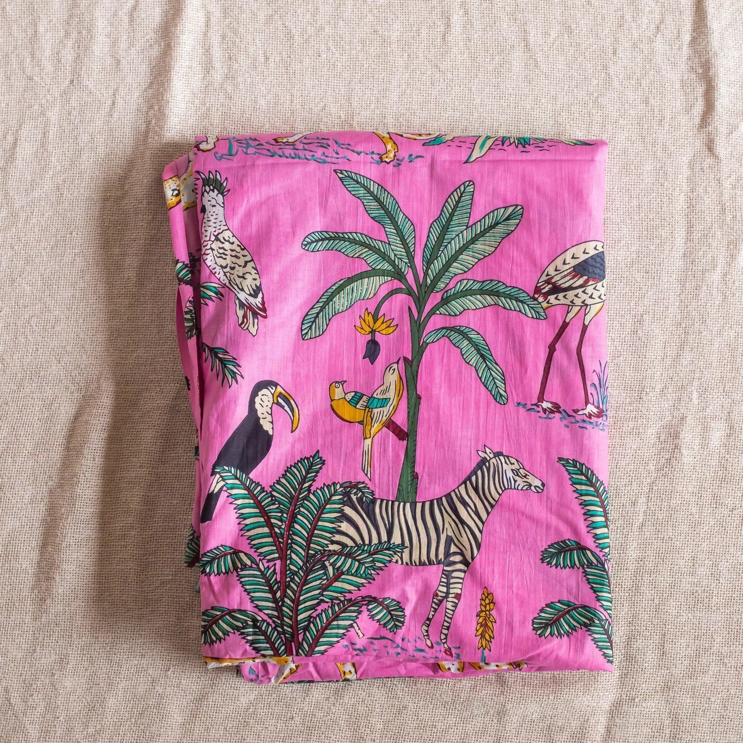 Dark Pink Tropical Safari Hand Screenprinted Cotton Fabric