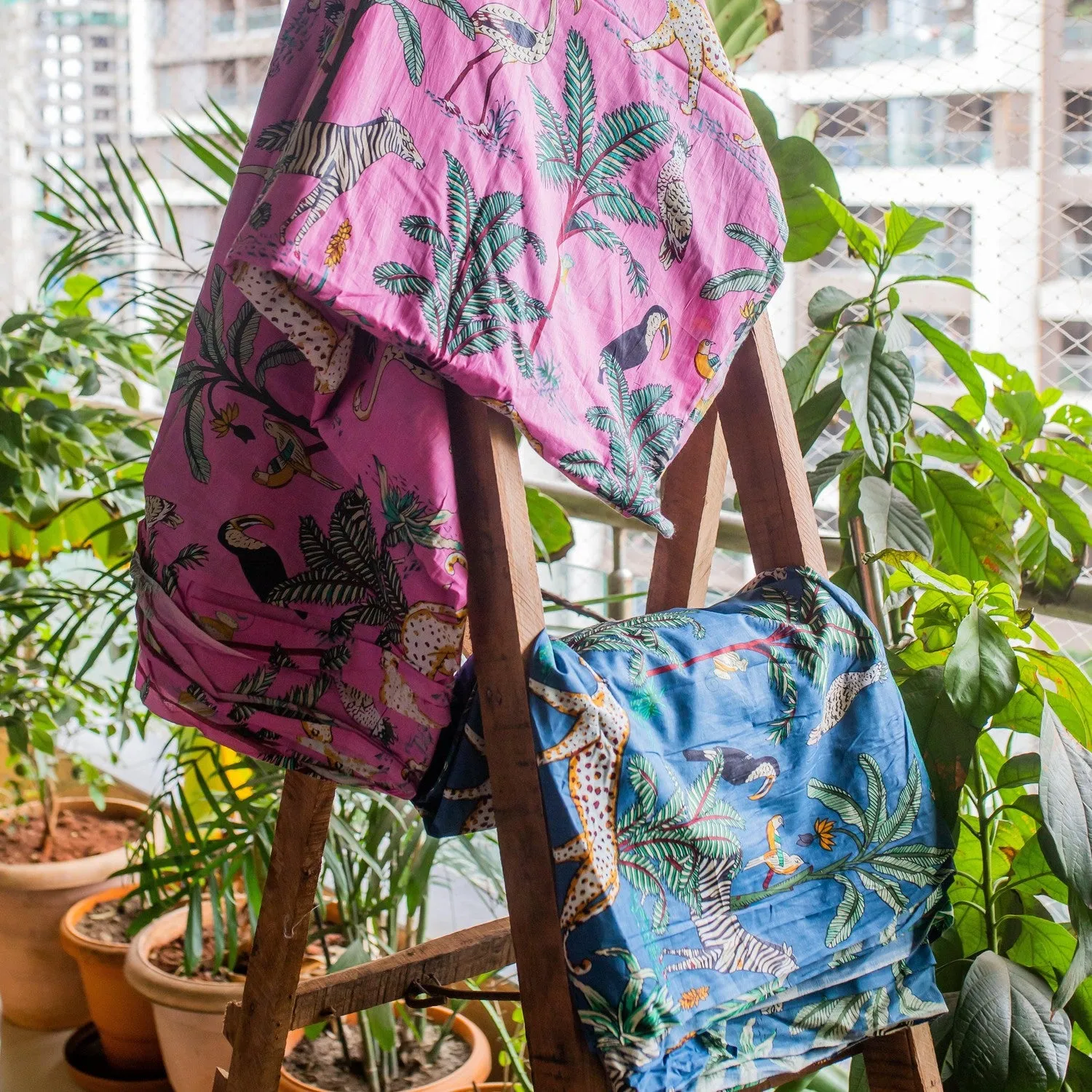 Dark Pink Tropical Safari Hand Screenprinted Cotton Fabric