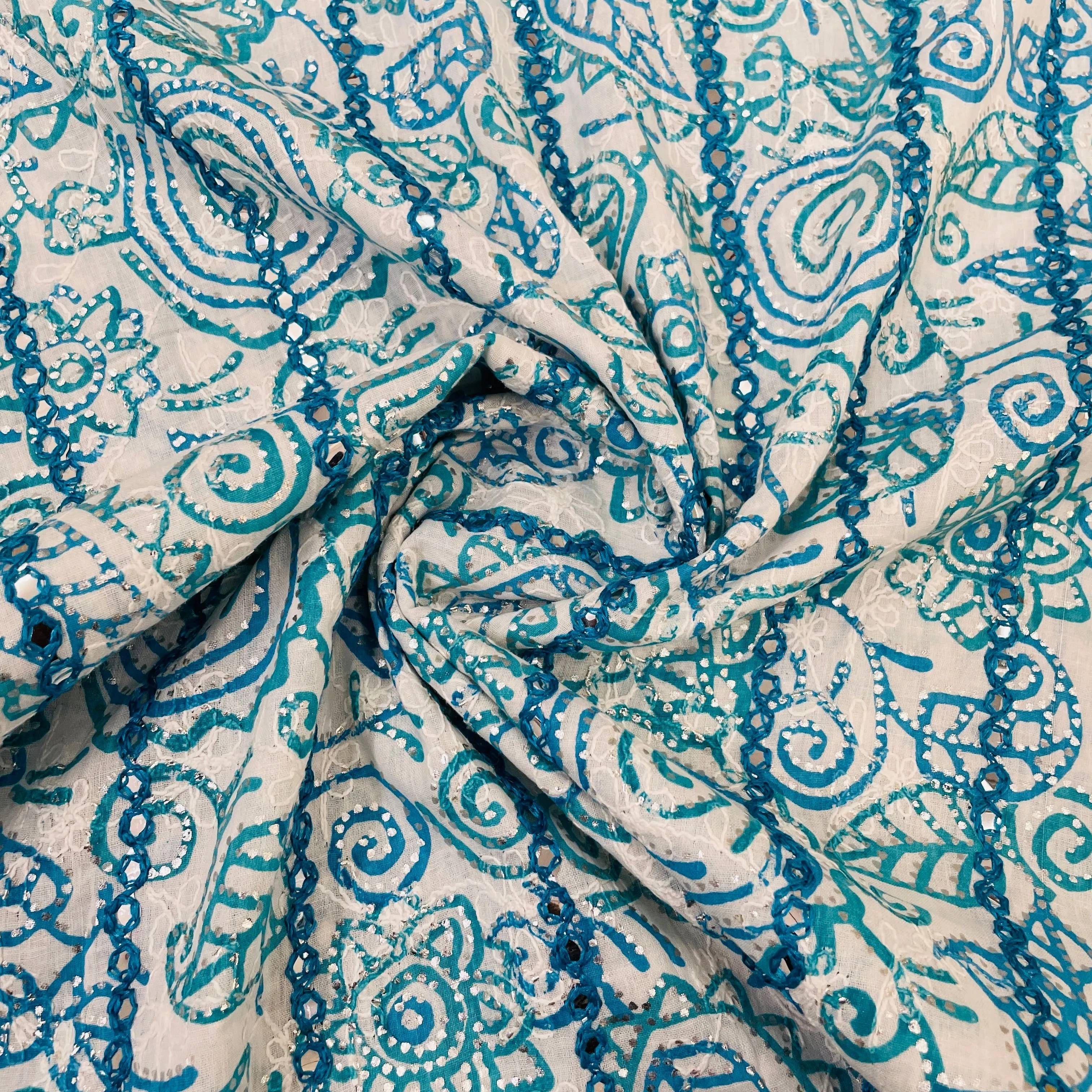 Exclusive Blue Floral Foil Sequins Embroidery Cotton Fabric