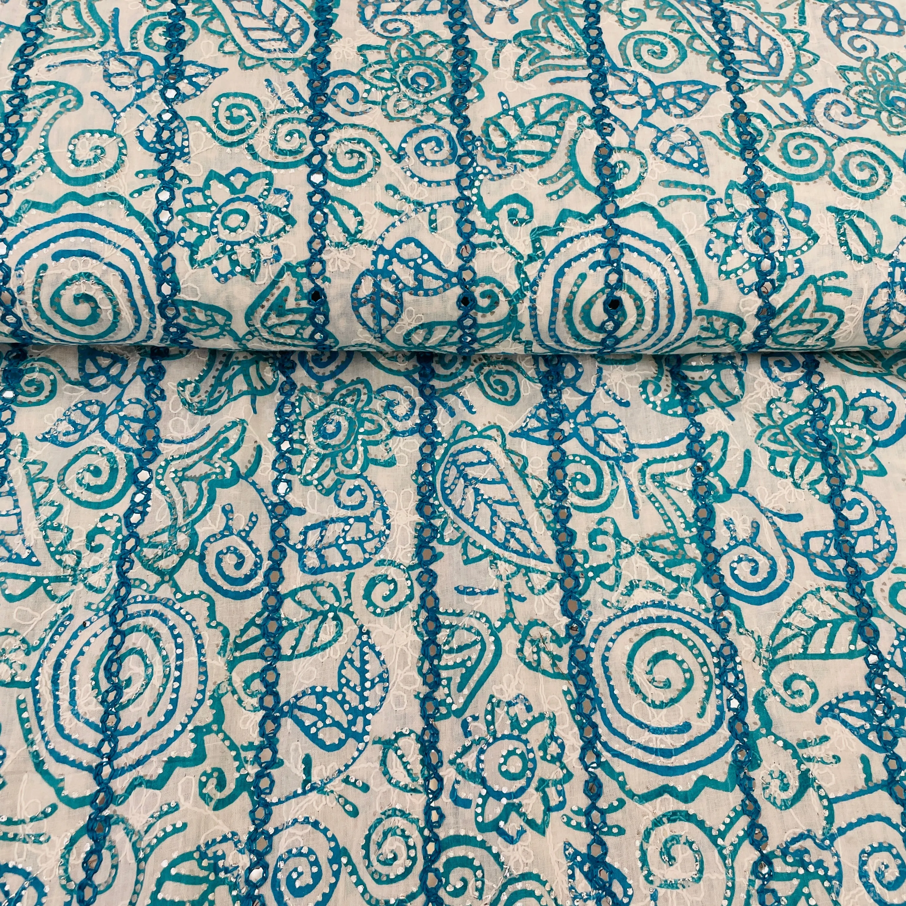 Exclusive Blue Floral Foil Sequins Embroidery Cotton Fabric