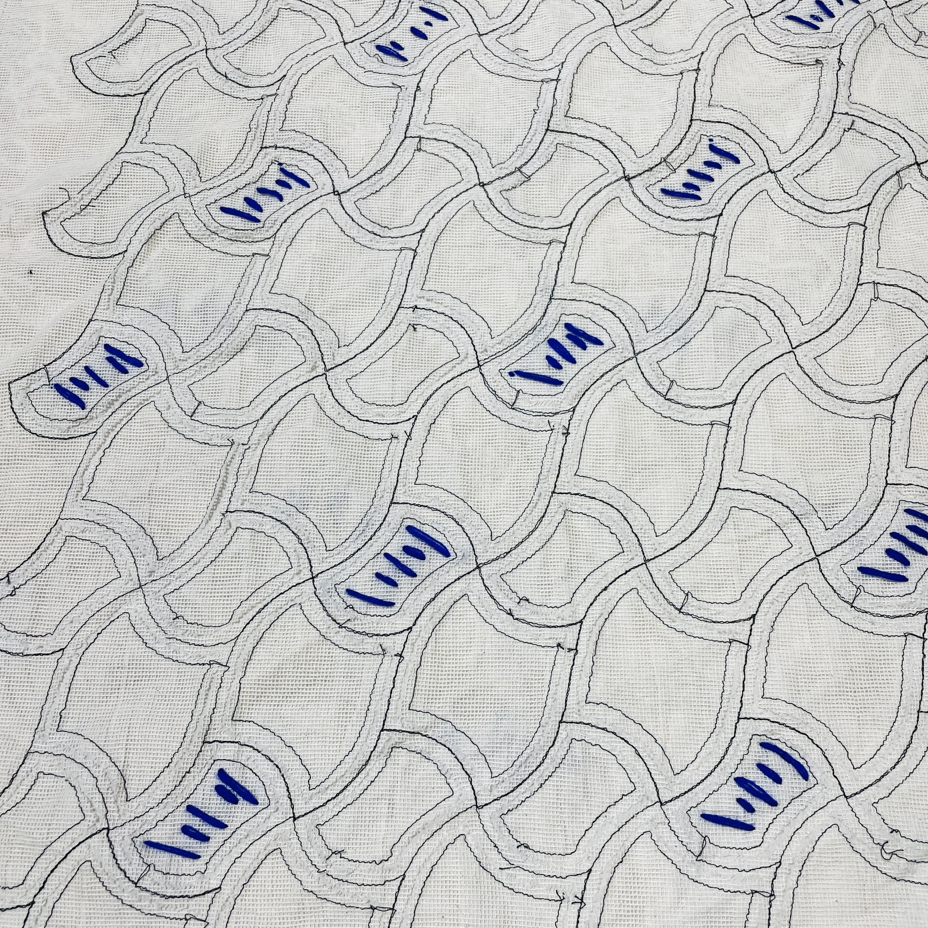 Exclusive White & Blue Double Hand Work Cotton Fabric