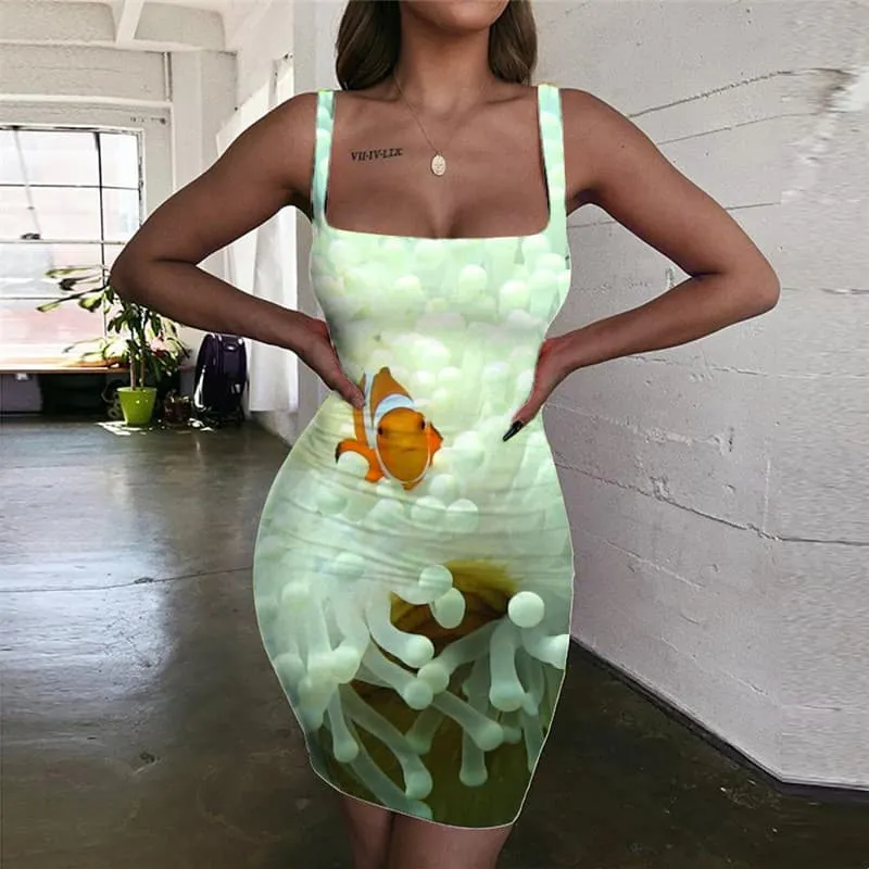 Fish Dresses Women Fishinger 3d Print Animal Vestido Sexy Tropical Sundress White Ladies Dresses