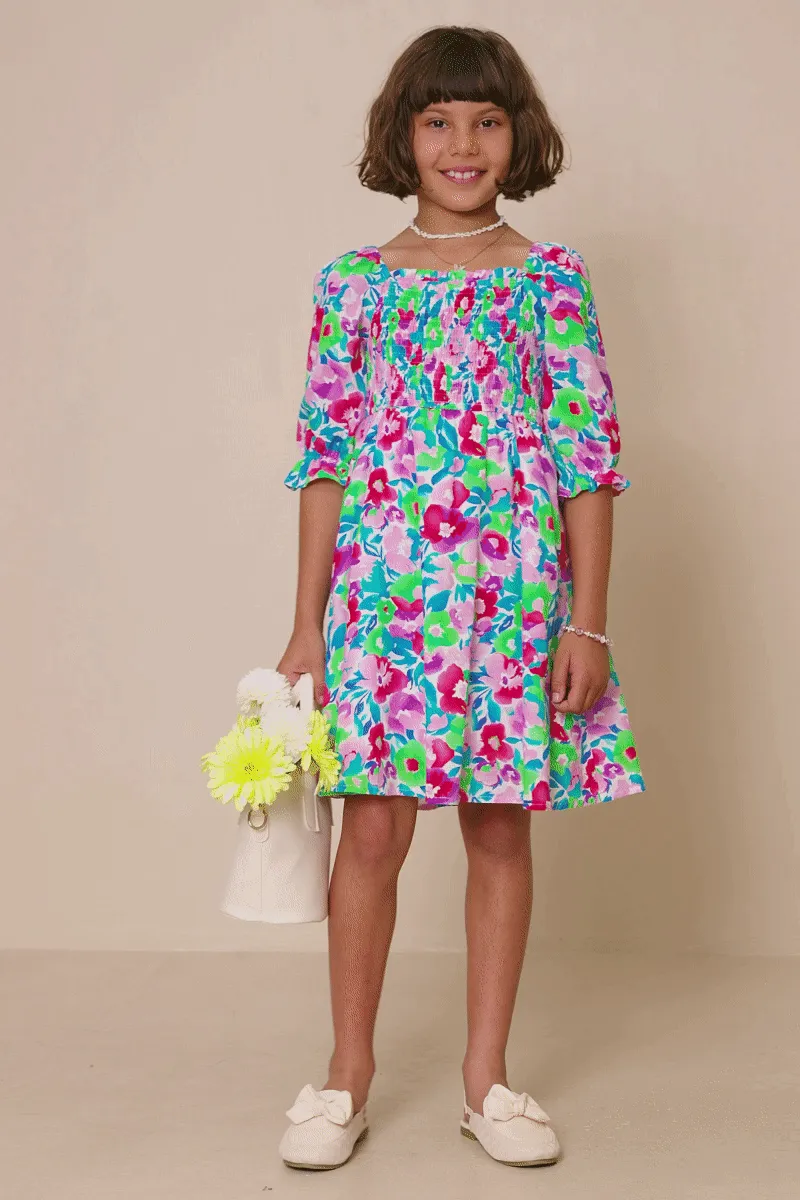 Girls Vivid Floral Smocked Long Sleeve Dress