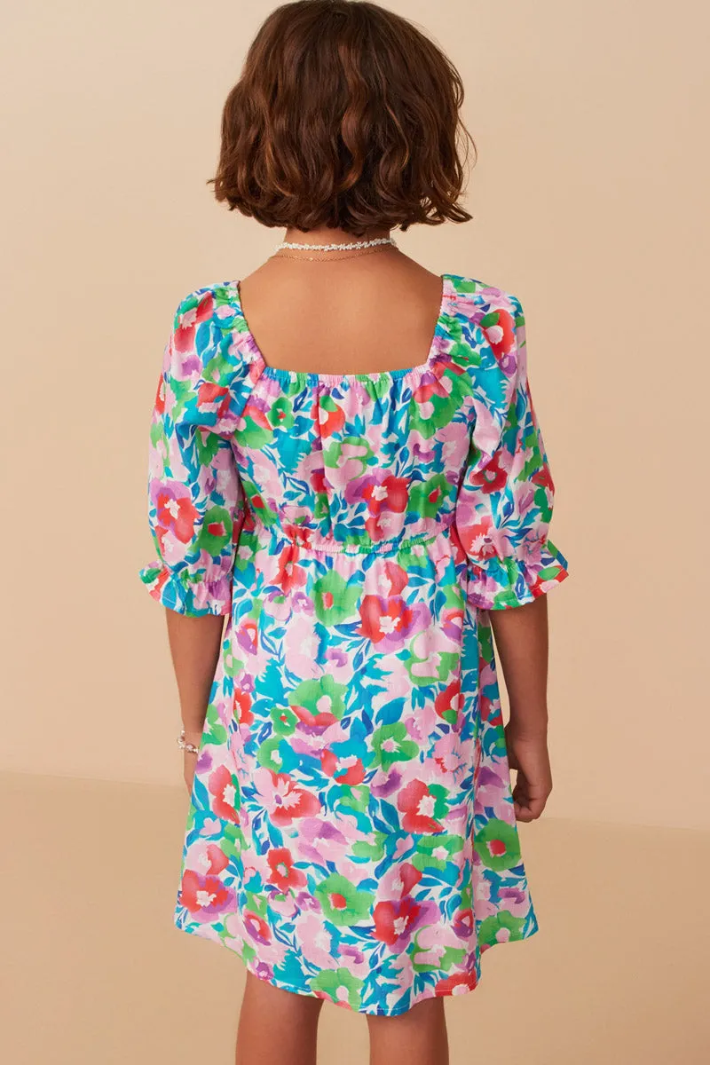 Girls Vivid Floral Smocked Long Sleeve Dress