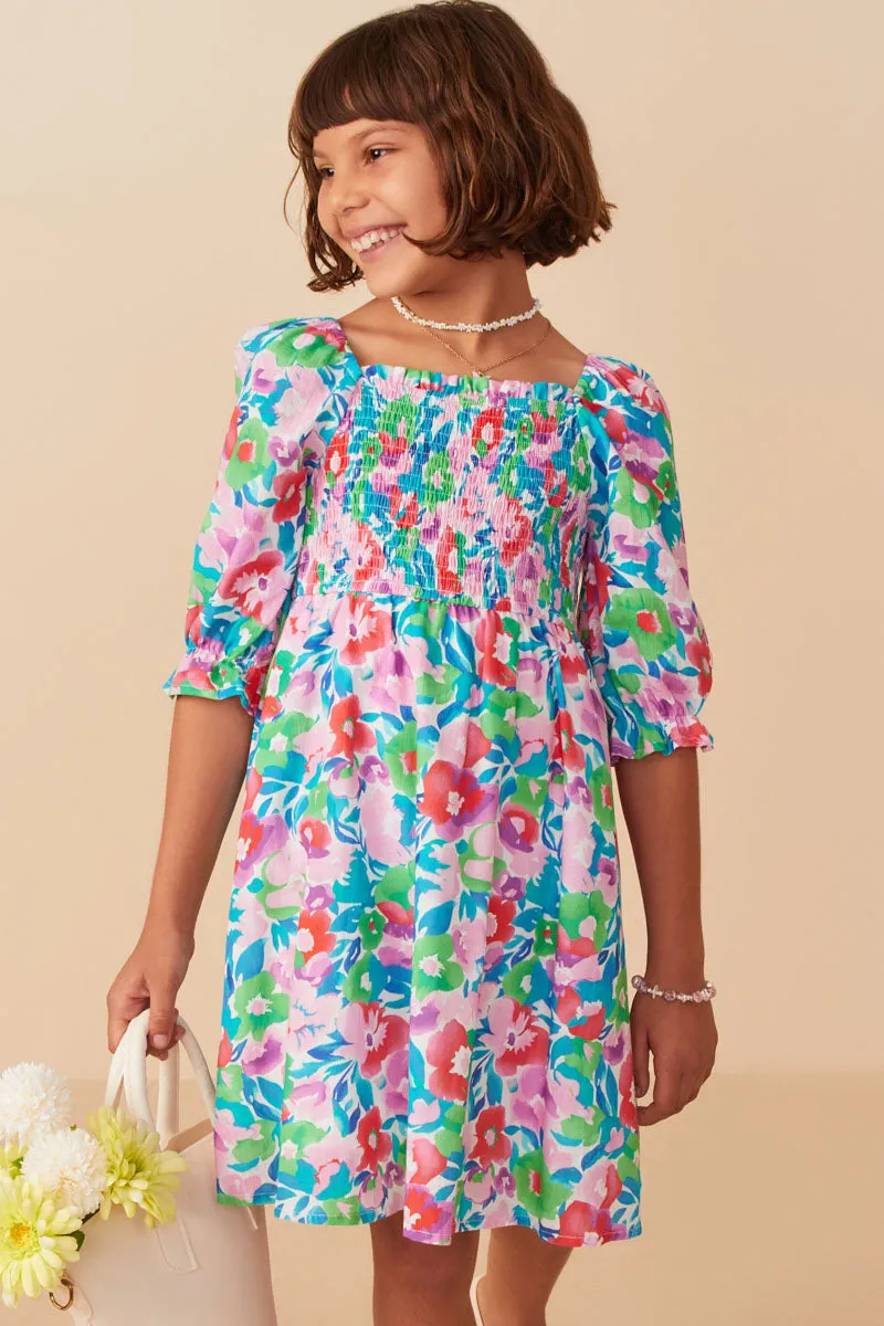 Girls Vivid Floral Smocked Long Sleeve Dress