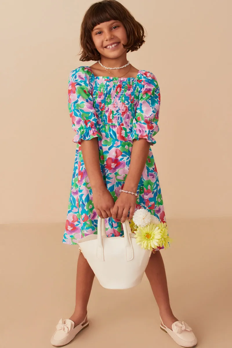 Girls Vivid Floral Smocked Long Sleeve Dress