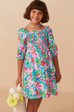 Girls Vivid Floral Smocked Long Sleeve Dress