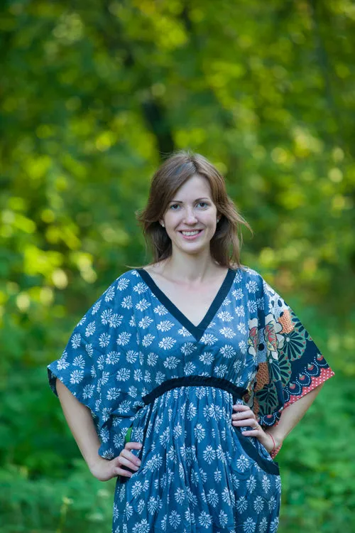 Gray Breezy Bohemian Style Caftan Housedress in Floral Bordered Pattern