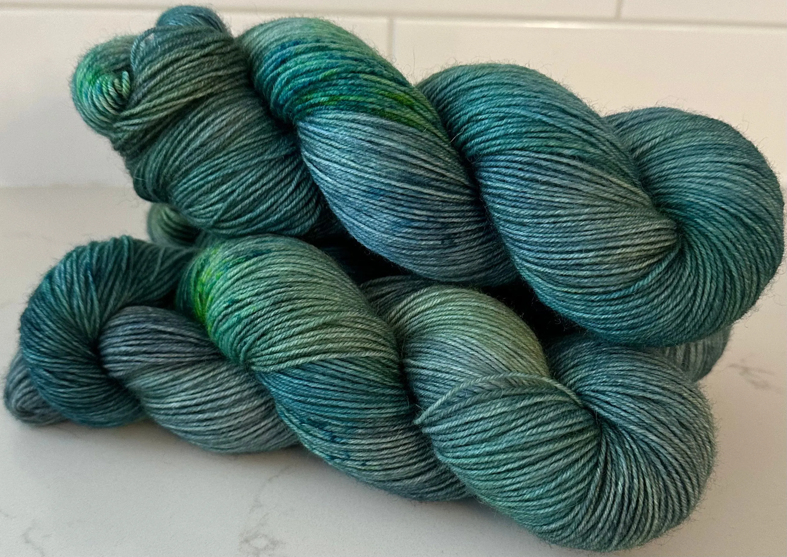 Hand Dyed Yarn "If a Teal Falls in the Forest…" Teal Green Blue Spruce Navy Chartreuse Bluefaced Leicester Fingering Superwash 438yds 100g
