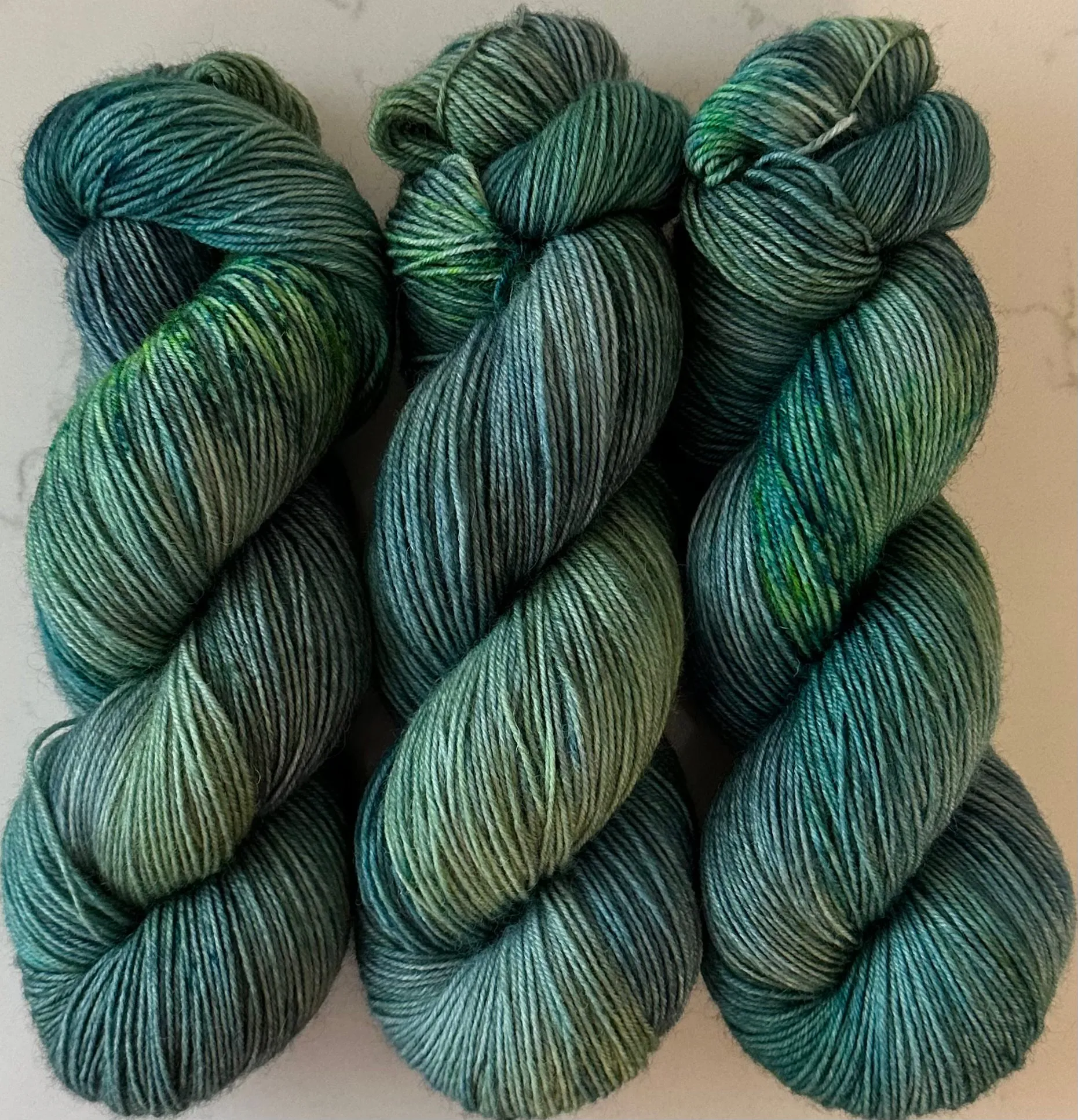 Hand Dyed Yarn "If a Teal Falls in the Forest…" Teal Green Blue Spruce Navy Chartreuse Bluefaced Leicester Fingering Superwash 438yds 100g