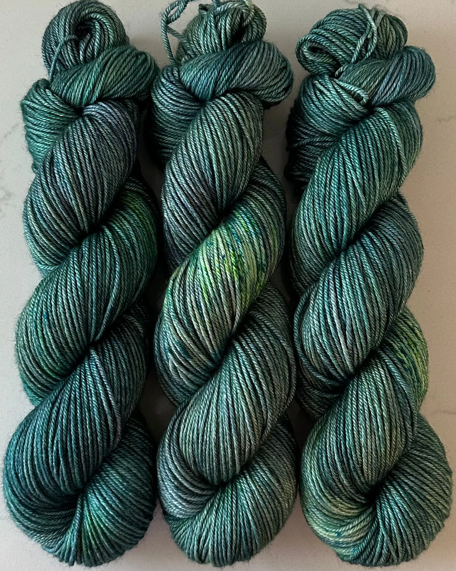 Hand Dyed Yarn "If a Teal Falls in the Forest…" Teal Green Blue Spruce Navy Chartreuse Bluefaced Leicester Fingering Superwash 438yds 100g